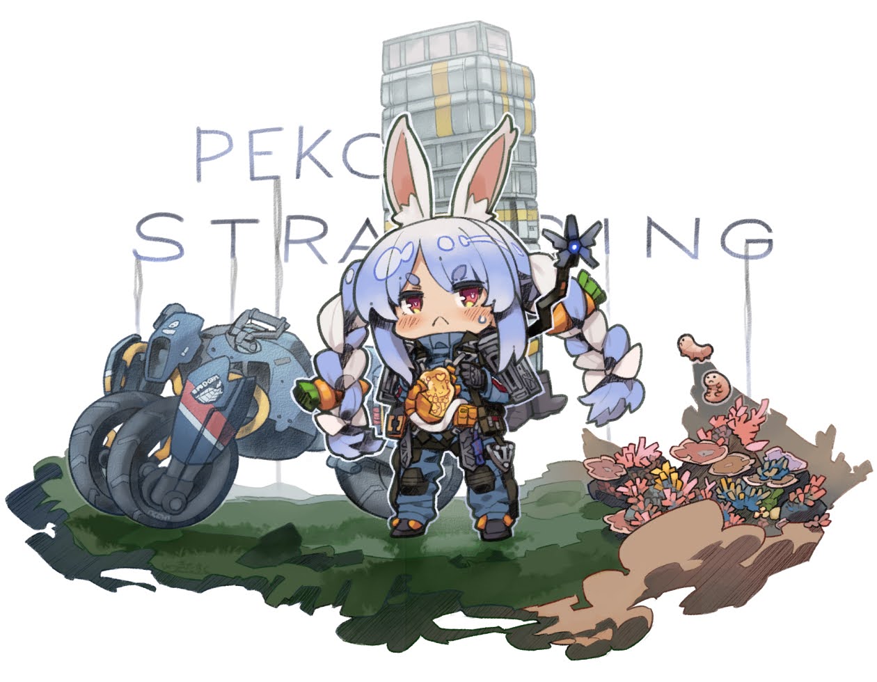 1girl animal_ear_fluff animal_ears black_footwear blue_hair blue_jumpsuit blush bow braid carrot_hair_ornament chibi closed_mouth commentary_request death_stranding food_themed_hair_ornament frown ground_vehicle hair_bow hair_ornament hololive itsuki_tasuku jumpsuit long_hair motor_vehicle motorcycle multicolored_hair rabbit_ears red_eyes shoes sidelocks solo standing sweat twin_braids twintails two-tone_hair usada_pekora very_long_hair white_background white_bow white_hair