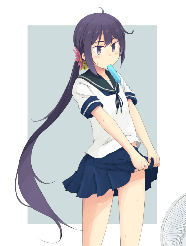 1girl akebono_(kantai_collection) ass_visible_through_thighs bell blue_skirt cowboy_shot fan flower food food_in_mouth hair_bell hair_flower hair_ornament ice_cream jingle_bell kantai_collection kugui_kiyunemu lifted_by_self long_hair pleated_skirt purple_hair school_uniform serafuku short_sleeves side_ponytail skirt skirt_lift solo very_long_hair violet_eyes