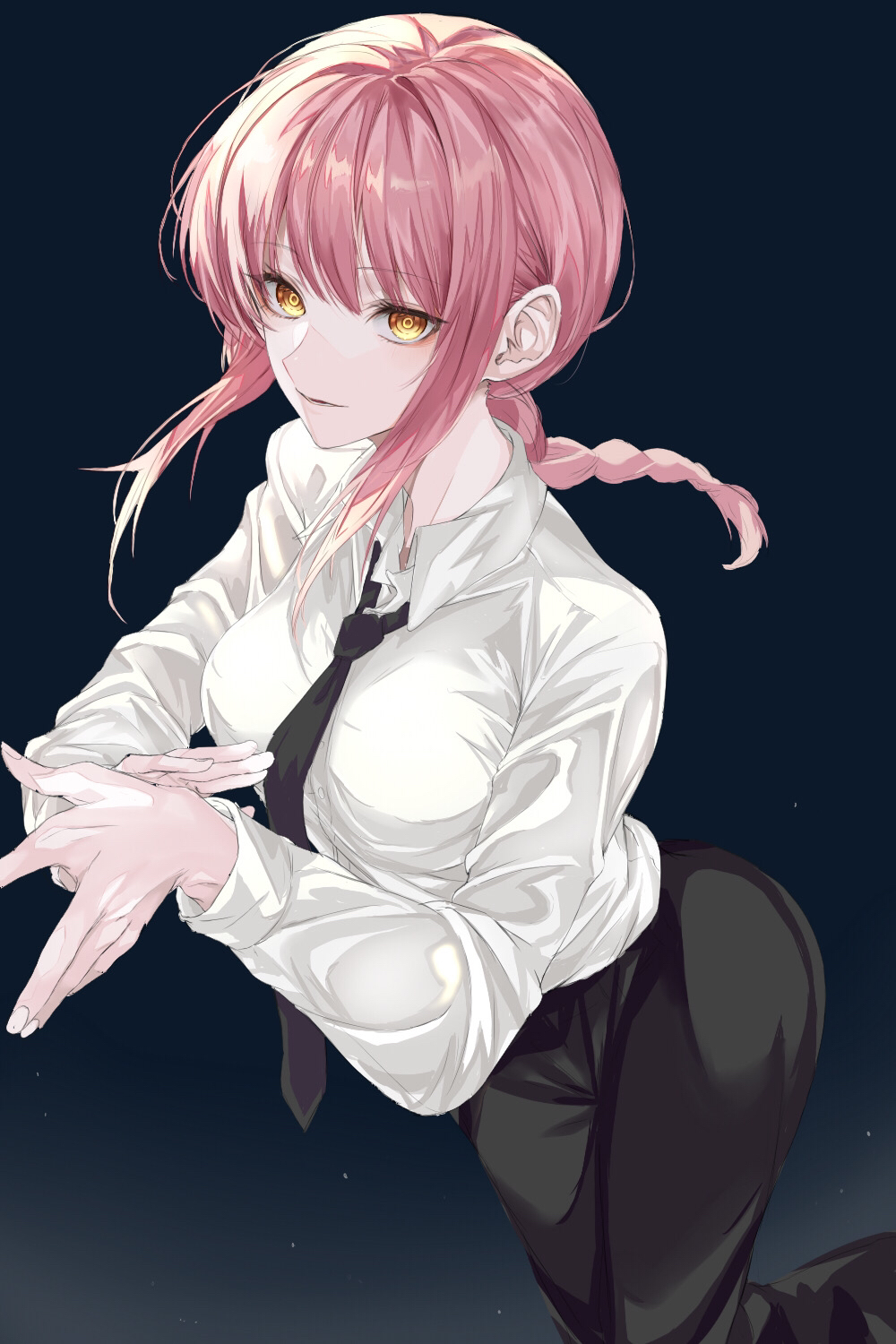 1girl bangs black_background black_neckwear black_pants braid braided_ponytail breasts chainsaw_man collared_shirt full_body hands_together highres long_sleeves looking_at_viewer makima_(chainsaw_man) medium_breasts medium_hair necktie neckwear pants pink_hair ringed_eyes shirt shirt_tucked_in shiwa_(eda_mamui) simple_background solo white_shirt yellow_eyes