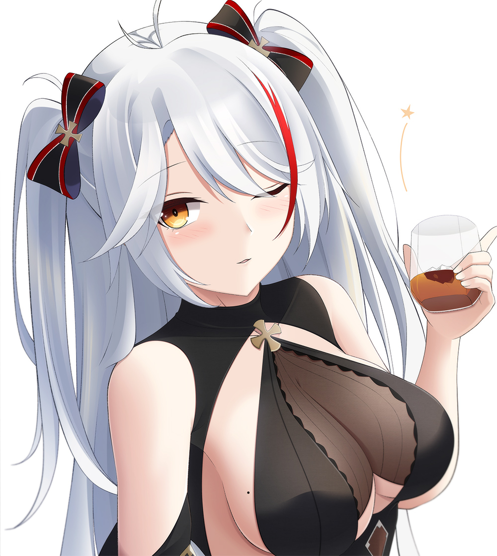 1girl antenna_hair azur_lane bare_shoulders bow breasts cup drinking_glass hair_bow hand_up holding holding_cup keenh large_breasts looking_at_viewer mole mole_on_breast multicolored_hair one_eye_closed parted_lips prinz_eugen_(azur_lane) prinz_eugen_(cordial_cornflower)_(azur_lane) silver_hair simple_background solo streaked_hair two_side_up underboob_cutout upper_body white_background