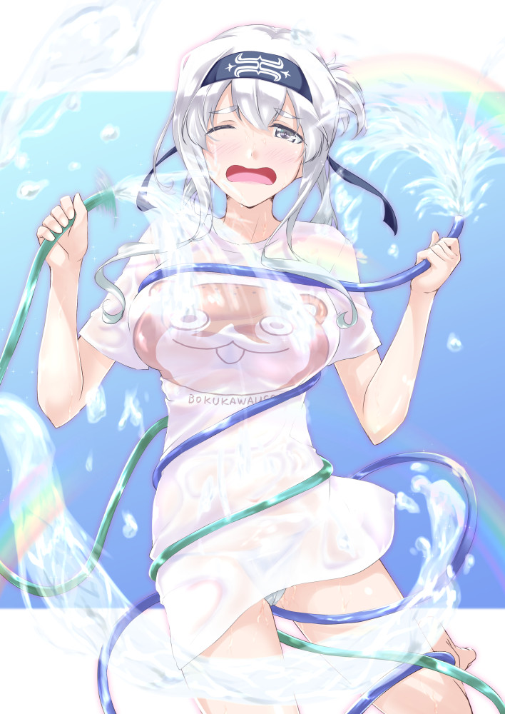 1girl alternate_costume bangs blue_eyes blue_hair blush bokukawauso breasts d: folded_ponytail headband hose hose_nozzle kamoi_(kantai_collection) kantai_collection large_breasts long_hair medium_hair mikage_takashi no_pants one_eye_closed open_mouth panties see-through shirt short_sleeves sidelocks solo t-shirt underwear water wet wet_clothes wet_shirt white_hair white_shirt