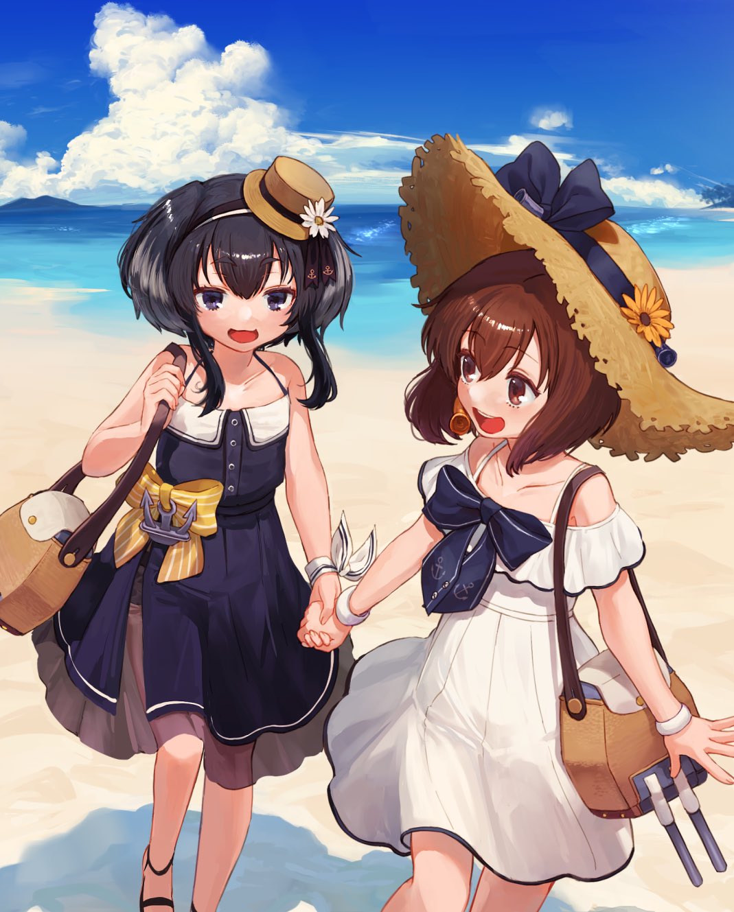 2girls alternate_costume anchor bag beach black_eyes black_hair blue_dress blue_sky brown_eyes brown_hair clouds commentary_request day dress feet_out_of_frame hat headset highres holding_hands kantai_collection lowleg lowleg_pantyhose mountain multiple_girls official_alternate_costume open_mouth outdoors pantyhose round_teeth short_hair short_hair_with_long_locks sidelocks sky speaking_tube_headset straw_hat sun_hat sundress teeth tokitsukaze_(kantai_collection) upper_teeth white_dress yoshino_ns yukikaze_(kantai_collection)