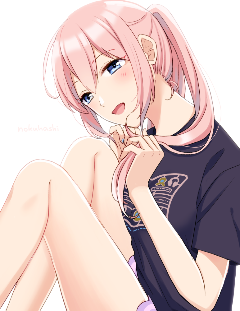 1girl artist_name bangs black_shirt blue_eyes blue_nails eyebrows_visible_through_hair hair_between_eyes half-closed_eyes holding holding_hair long_hair megurine_luka nail_polish nokuhashi pink_hair ponytail print_shirt shiny shiny_hair shirt short_sleeves simple_background sitting sketch solo t-shirt vocaloid white_background