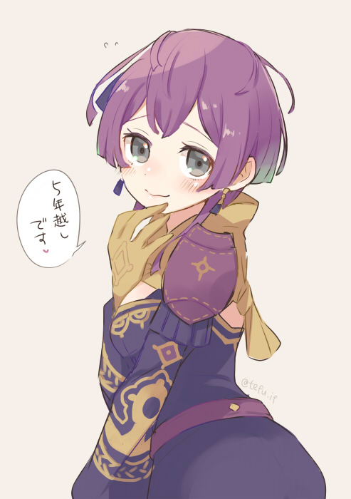 1girl bernadetta_von_varley closed_mouth dress earrings fire_emblem fire_emblem:_three_houses gloves grey_eyes jewelry long_sleeves purple_hair short_dress simple_background solo tefutene twitter_username upper_body yellow_gloves