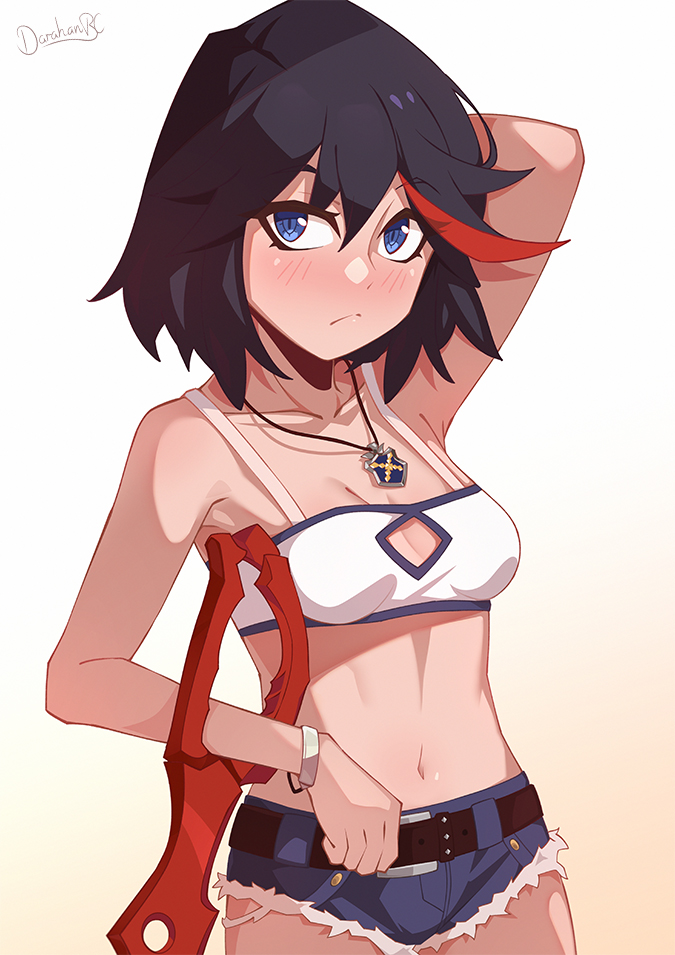 1girl :&lt; arm_behind_head arm_up bandeau belt black_hair blue_eyes blue_shorts blush bracelet breasts collarbone commentary cosplay cutoffs darahan english_commentary fate/apocrypha fate/grand_order fate_(series) jewelry kill_la_kill matoi_ryuuko micro_shorts midriff mordred_(fate) mordred_(fate)_(all) mordred_(fate)_(cosplay) multicolored_hair navel necklace pendant planted_weapon redhead scissor_blade shorts signature small_breasts solo spaghetti_strap streaked_hair symbol-shaped_pupils weapon white_background