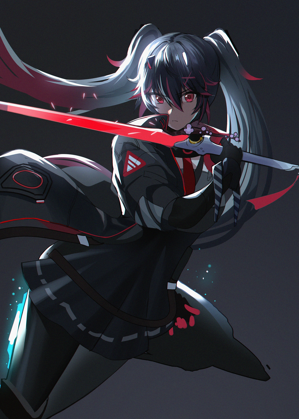 1girl black_gloves black_hair black_jacket black_legwear cherry_blossoms closed_mouth fingerless_gloves gloves grey_background hair_between_eyes hair_ornament highres holding holding_sword holding_weapon jacket katana long_hair multicolored multicolored_hair necktie punishing:_gray_raven red_eyes red_neckwear redhead sketch solo sword twintails weapon x_hair_ornament xiujia_yihuizi