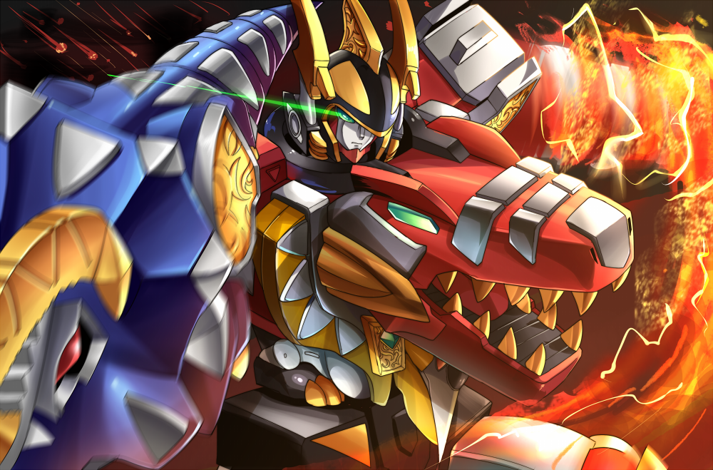 abarenoh bakuryuu_sentai_abaranger close-up dinosaur explosion glowing glowing_eyes green_eyes hawe_king looking_at_viewer mecha no_humans solo super_sentai tokusatsu