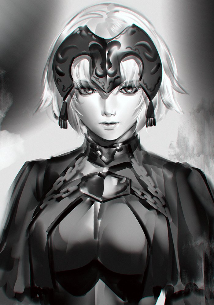 1girl armor bangs breasts cape chain fate/grand_order fate_(series) grey_background greyscale headpiece jeanne_d'arc_(alter)_(fate) jeanne_d'arc_(fate)_(all) large_breasts looking_at_viewer monochrome short_hair yang-do
