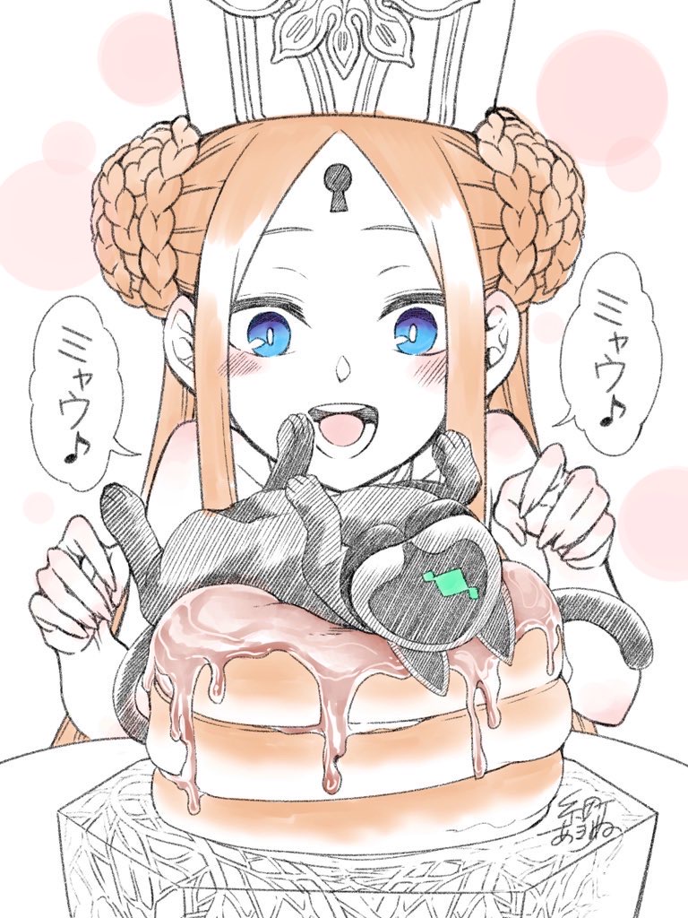 1girl abigail_williams_(fate/grand_order) abigail_williams_(swimsuit_foreigner)_(fate) bangs bare_shoulders black_cat blonde_hair blue_eyes blush braid braided_bun breasts cat double_bun fate/grand_order fate_(series) food forehead itomachi_akine keyhole long_hair mitre music open_mouth pancake parted_bangs sidelocks singing small_breasts speech_bubble swimsuit syrup translation_request twintails very_long_hair white_headwear white_swimsuit