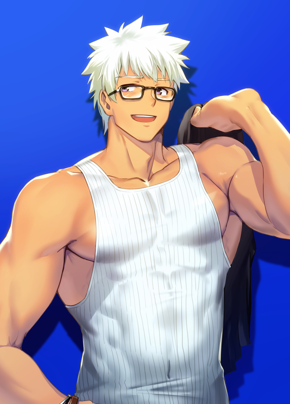 1boy archer bara brown_eyes chest covered_abs covered_navel dark_skin dark_skinned_male fate/grand_order fate/stay_night fate_(series) glasses highres holding holding_clothes holding_shirt male_focus muscle pectorals shirt shirtless short_hair smile solo summer_casual_(fate/grand_order) tank_top waku_(ayamix) white_hair