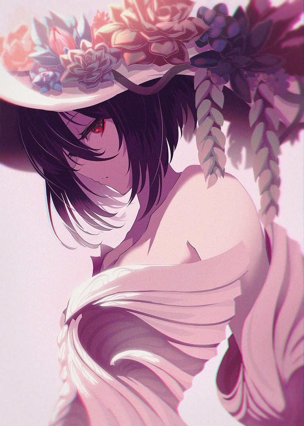 1girl bangs bare_shoulders berryverrine black_hair closed_mouth dress flower from_side grey_background hair_between_eyes hat highres original plant profile redhead short_hair simple_background sleeveless sleeveless_dress solo succulent_plant upper_body