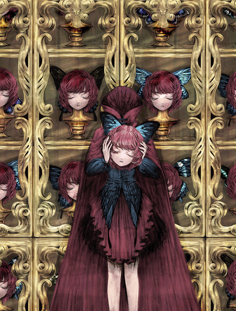 1girl adapted_costume blue_bow blue_shirt bow bug butterfly butterfly_hair_ornament cape closed_eyes commentary_request disembodied_head feet_out_of_frame hair_bow hair_ornament headless holding_head insect long_sleeves multiple_heads nazo_(mystery) one_eye_closed red_cape red_skirt redhead sekibanki shirt short_hair skirt solo touhou