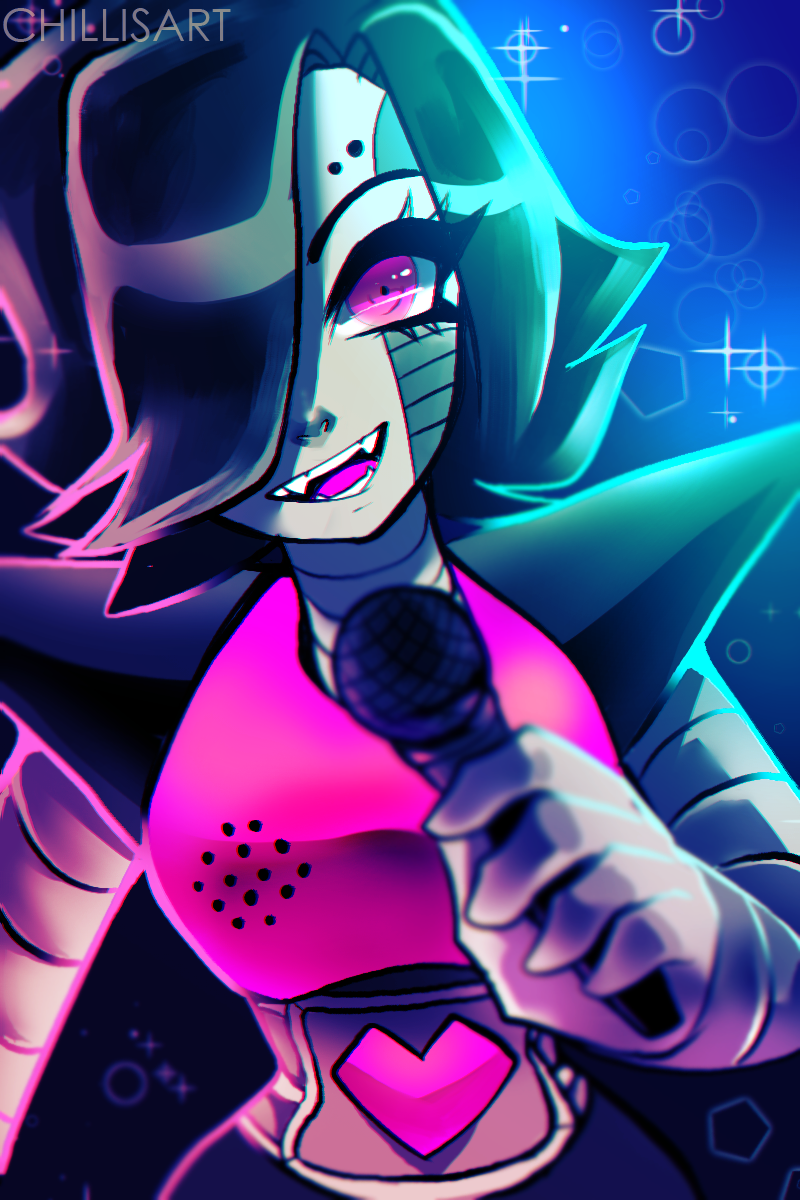1other artist_name bangs black_hair blue_background commentary english_commentary fangs hair_over_one_eye hand_up happy heart highres holding looking_at_viewer mettaton mettaton_ex microphone open_mouth other_focus pink_eyes robot shiny shiny_hair short_hair smile solo spacecolonie sparkle teeth undertale upper_body watermark