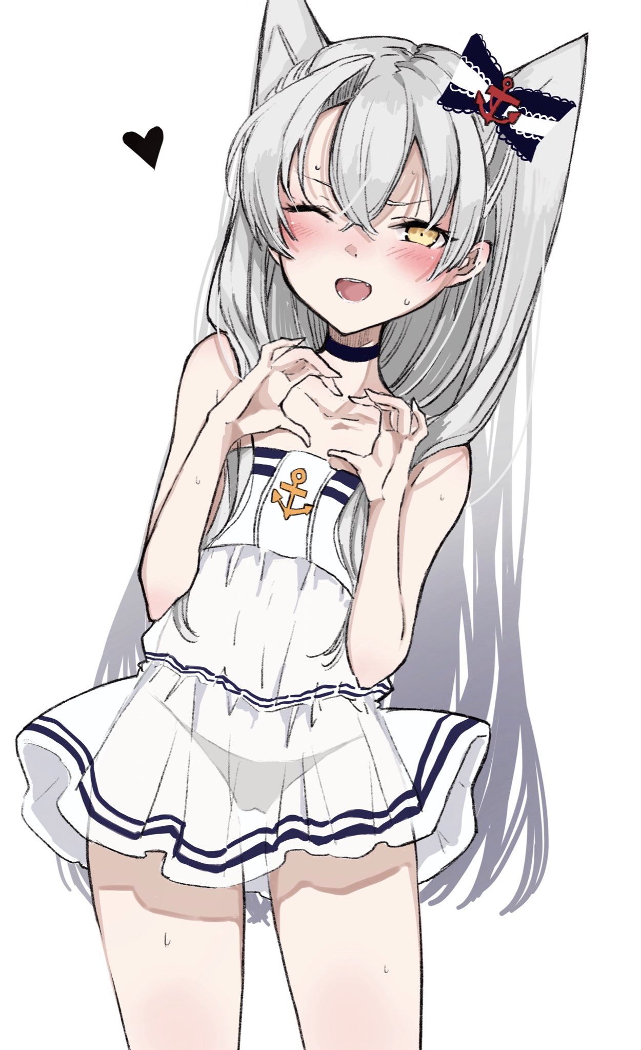 1girl alternate_costume amatsukaze_(kantai_collection) anchor_symbol casual chigasaki_y choker commentary_request cowboy_shot dress heart heart_hands highres kantai_collection leaning_to_the_side long_hair looking_at_viewer off-shoulder_dress off_shoulder silver_hair simple_background smile solo sundress two_side_up white_background white_dress yellow_eyes