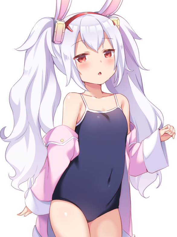 1girl animal_ears azur_lane blue_swimsuit coat competition_school_swimsuit covered_navel fake_animal_ears hairband laffey_(azur_lane) long_hair off_shoulder one-piece_swimsuit open_mouth pink_coat rabbit_ears red_eyes school_swimsuit silver_hair simple_background solo swimsuit thighs tiger_rmn twintails very_long_hair white_background