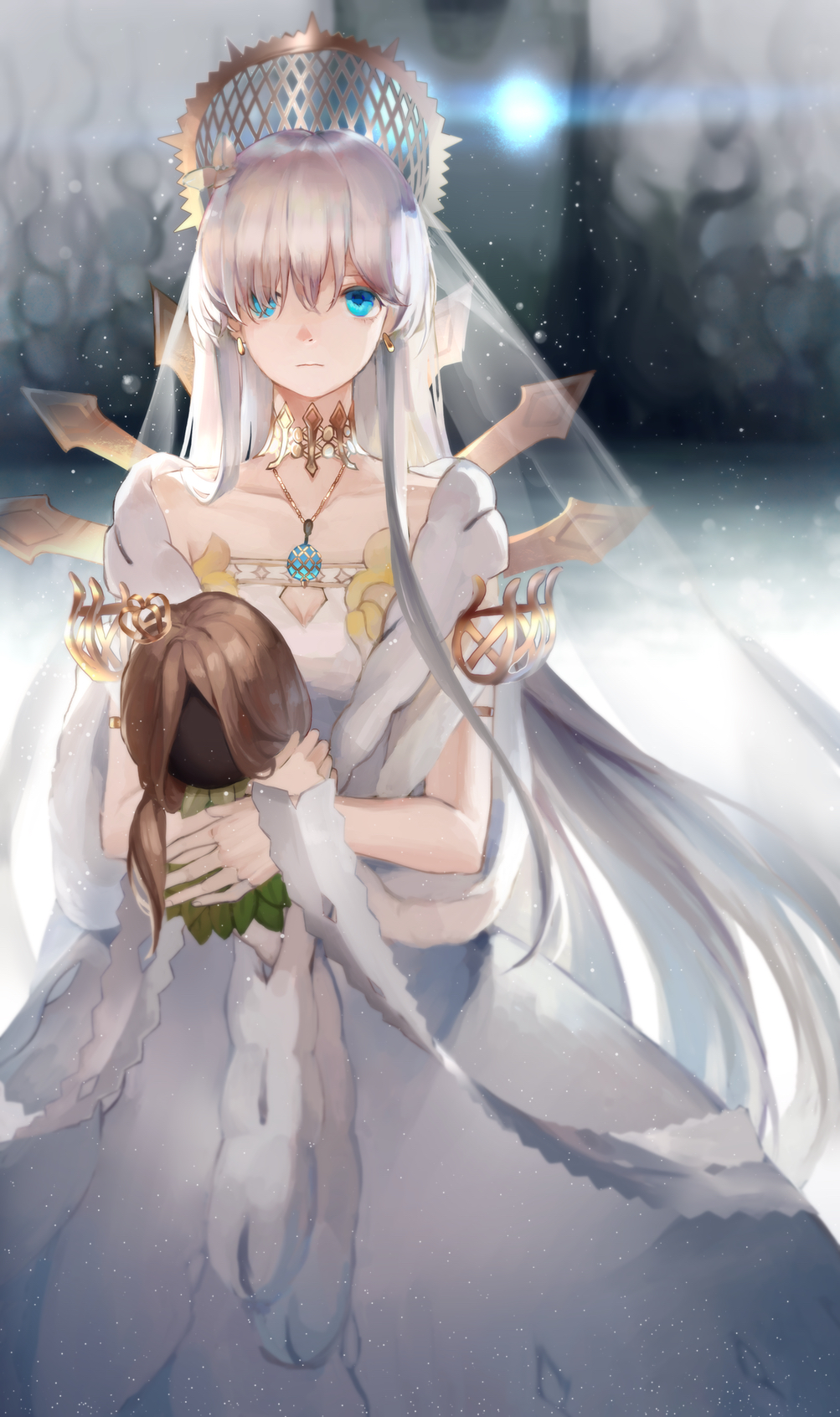 1girl alternate_costume anastasia_(fate/grand_order) blue_eyes bridal_veil choker collarbone crown doll dress earrings expressionless fate/grand_order fate_(series) fur-trimmed_dress fur_trim hair_over_one_eye highres holding holding_doll jewelry long_hair mao_mian necklace silver_hair solo veil very_long_hair viy wedding_dress white_dress