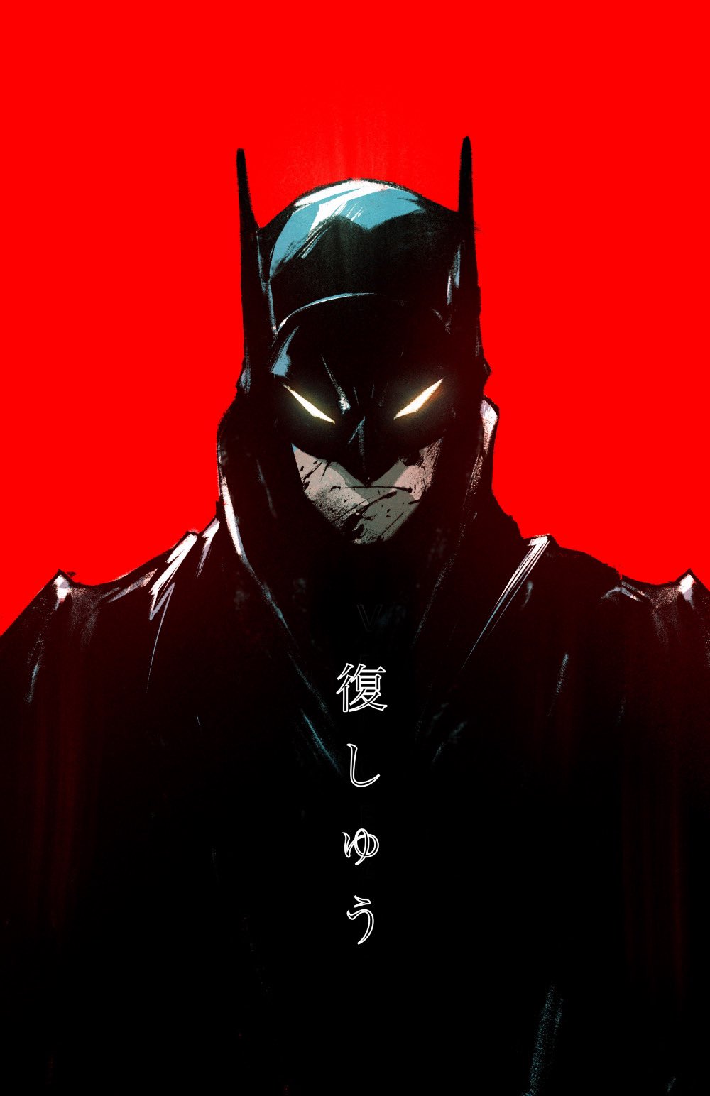 1boy batman batman_(series) cape chun_lo cowl dc_comics glowing glowing_eyes highres looking_at_viewer mask red_background serious solo superhero translation_request upper_body