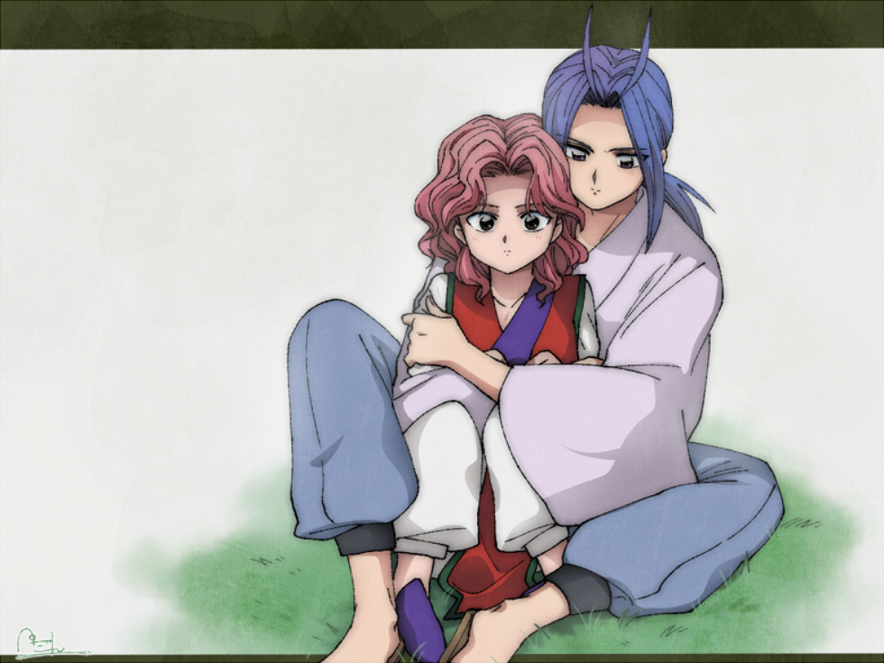 1boy 1girl antenna_hair brown_eyes couple genkai grass grey_hair hetero hug hug_from_behind japanese_clothes long_hair looking_at_viewer medium_hair petagon pink_hair shishiwakamaru sidelocks simple_background sitting younger yuu_yuu_hakusho