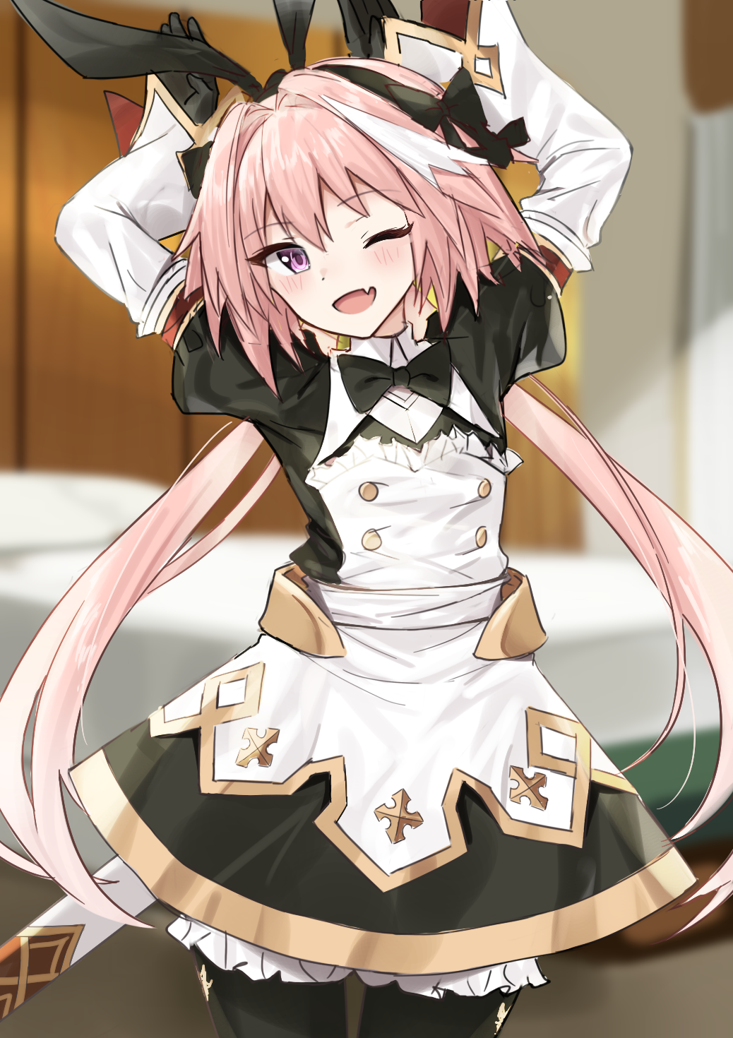 1boy astolfo_(fate) astolfo_(saber)_(fate) bangs black_bow black_dress black_gloves black_legwear black_neckwear black_ribbon blush bow bowtie bunny_pose buttons dress fang fate/grand_order fate_(series) gloves hair_intakes hands_up highres juliet_sleeves layered_skirt long_hair long_sleeves looking_at_viewer low_twintails multicolored_hair one_eye_closed open_mouth otoko_no_ko pink_hair puffy_sleeves ribbon shengtian skin_fang skirt smile streaked_hair twintails violet_eyes white_hair white_skirt