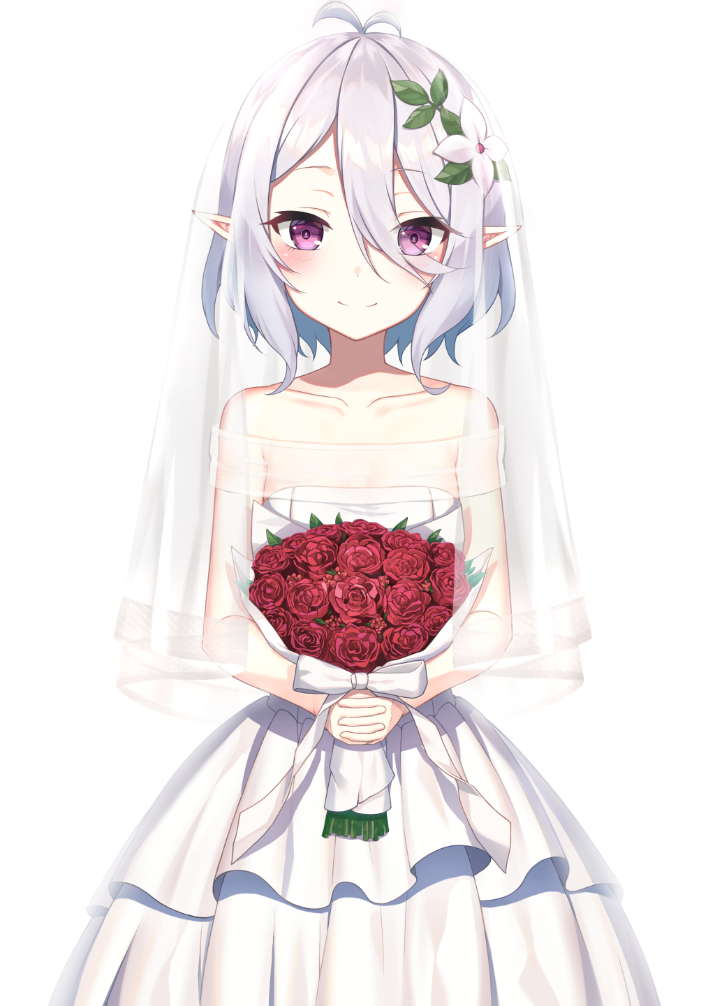 1girl alternate_costume antenna_hair bangs bare_shoulders blush bouquet closed_mouth collarbone commentary_request dress eyebrows_visible_through_hair flower hair_between_eyes hair_flower hair_ornament highres holding holding_bouquet kokkoro_(princess_connect!) looking_at_viewer pointy_ears princess_connect! princess_connect!_re:dive red_flower ribbon rose seonrang short_hair silver_hair simple_background smile solo violet_eyes wedding_dress white_background white_dress white_flower white_ribbon