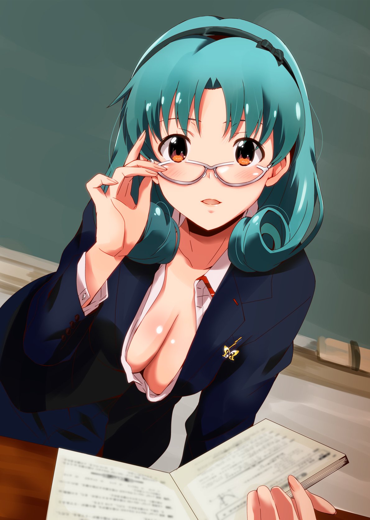 1girl adjusting_eyewear aqua_hair bangs bespectacled black_hairband blue_jacket blue_skirt book breasts brown_eyes bug butterfly chalkboard classroom collarbone collared_shirt commentary_request curly_hair downblouse dress_shirt formal glasses hairband highres holding holding_book idolmaster idolmaster_million_live! indoors insect jacket medium_breasts open_clothes open_mouth open_shirt parted_bangs pin ponpon shirt skirt skirt_suit solo suit teacher tokugawa_matsuri white_shirt