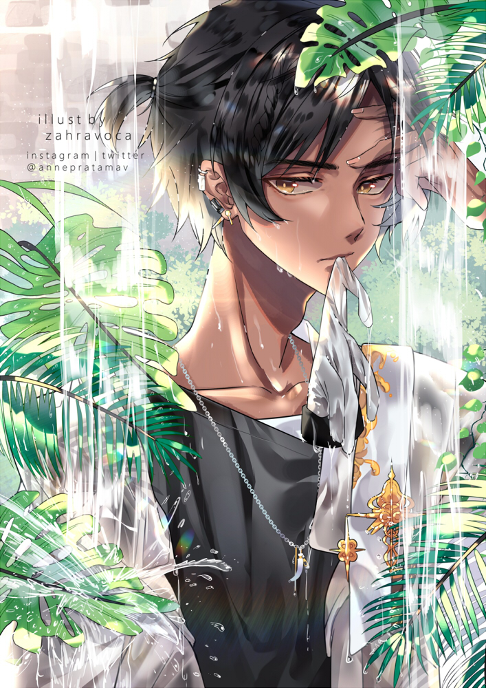 1boy adam's_apple arknights artist_name bangs black_shirt brown_eyes collarbone dark_skin dark_skinned_male ear_clip earrings gloves gloves_removed hand_on_own_forehead instagram_username jacket jewelry looking_at_viewer male_focus mouth_hold necklace open_clothes open_jacket plant shirt solo splashing thorns_(arknights) twitter_username water zahravoca_(annpratamav)