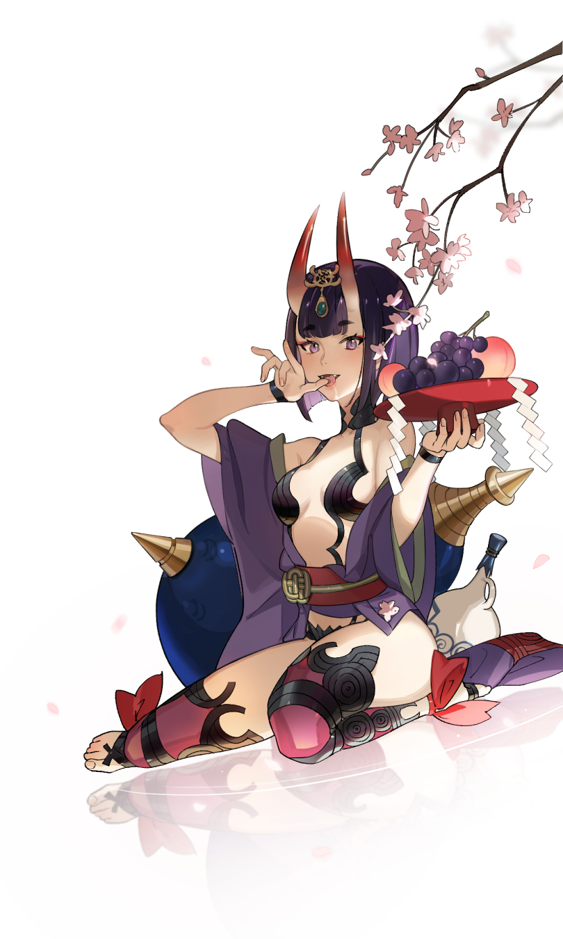 1girl ankle_ribbon bangs bare_shoulders barefoot_sandals blush bob_cut bottle breasts cherry_blossoms collarbone eyeliner fangs fate/grand_order fate_(series) food fruit gourd grapes headpiece highres horns japanese_clothes kimono long_sleeves looking_at_viewer makeup minamayumi obi off_shoulder oni oni_horns open_mouth peach purple_hair purple_kimono red_ribbon revealing_clothes ribbon ripples sash short_eyebrows short_hair shuten_douji_(fate/grand_order) simple_background sitting skin-covered_horns small_breasts smile tree_branch violet_eyes wariza water white_background wide_sleeves