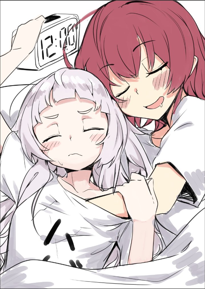 2girls alarm_clock arm_grab bangs bed_sheet blush clock drooling hand_under_clothes hand_under_shirt hololive houshou_marine ivan_wang lavender_hair long_hair multiple_girls murasaki_shion redhead shirt silver_hair sleeping t-shirt virtual_youtuber