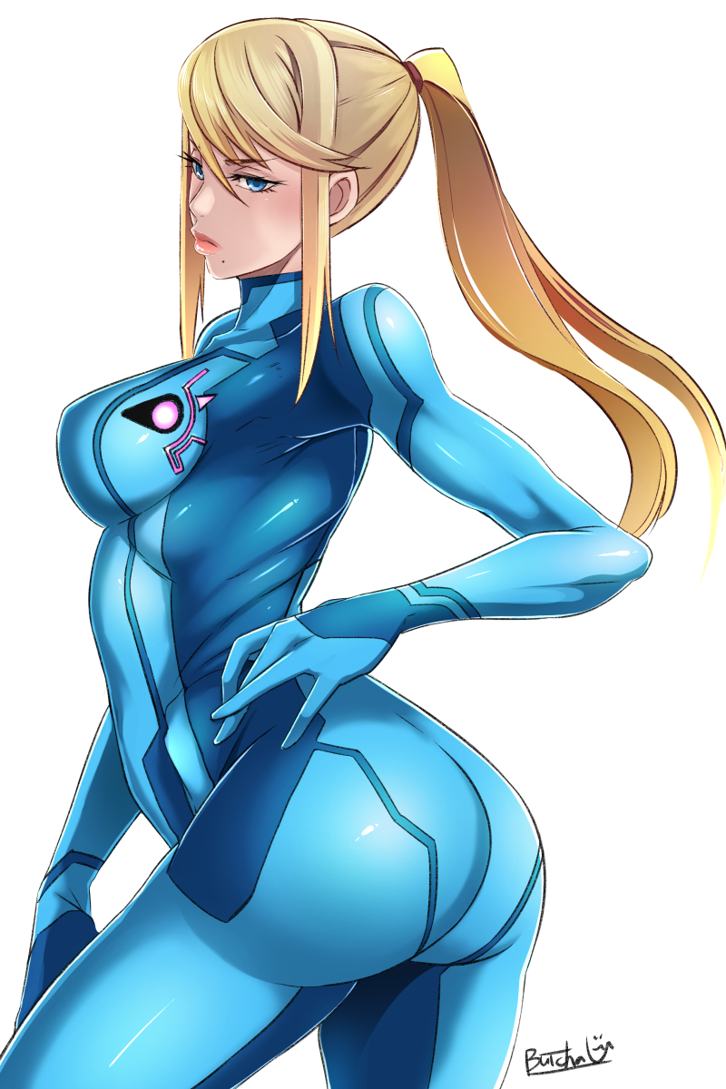 1girl ass blonde_hair blue_bodysuit bodysuit breasts butcha-u from_behind frown hand_on_hip highres looking_at_viewer looking_back metroid ponytail samus_aran simple_background skin_tight solo white_background zero_suit