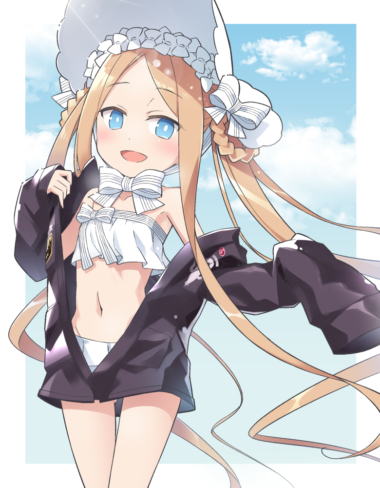 1girl abigail_williams_(fate/grand_order) abigail_williams_(swimsuit_foreigner)_(fate) bikini black_jacket blonde_hair blue_eyes blush bonnet bow chin_strap clouds commentary_request fate/grand_order fate_(series) hair_rings jacket long_hair looking_at_viewer navel no_bangs off_shoulder open_clothes open_jacket open_mouth ribbon sidelocks sleeves_past_fingers sleeves_past_wrists smile solo strapless strapless_bikini swimsuit toto_nemigi twintails very_long_hair white_bikini white_bow white_headwear white_ribbon