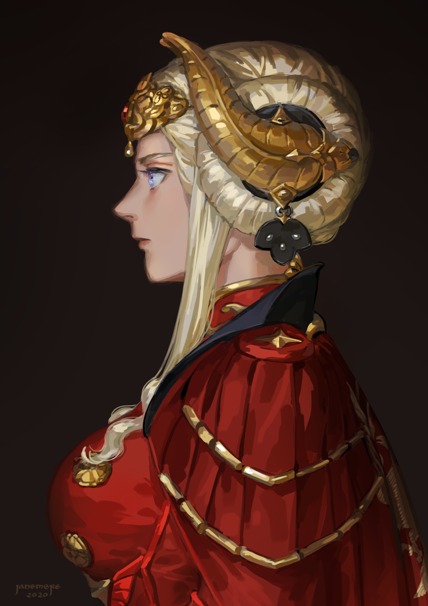 1girl black_background blonde_hair blue_eyes breasts cape commentary_request cravat edelgard_von_hresvelg fire_emblem fire_emblem:_three_houses from_side hair_bun hair_ornament highres jacket jane_mere large_breasts profile red_cape red_jacket sidelocks