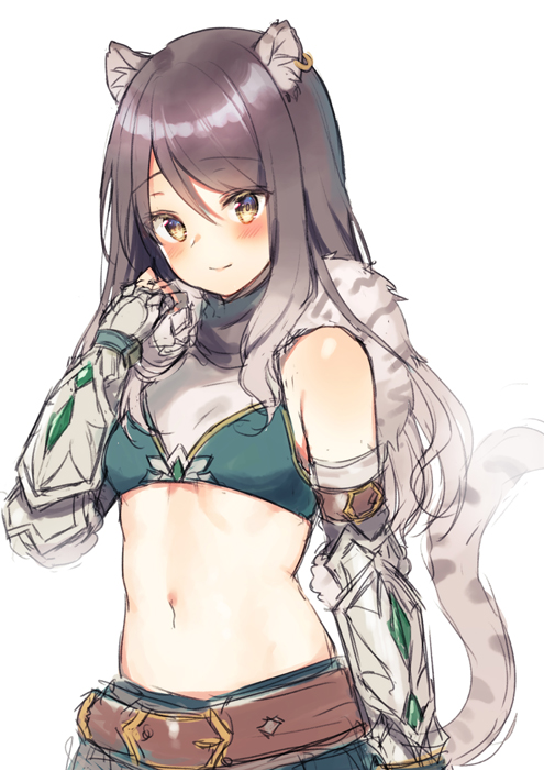 1girl animal_ear_fluff animal_ears bangs bare_shoulders black_hair blush brown_eyes closed_mouth ear_piercing eyebrows_visible_through_hair fingerless_gloves gloves gradient_hair grey_gloves grey_hair hair_between_eyes hand_up long_hair midorikawa_you midriff multicolored_hair navel piercing princess_connect! princess_connect!_re:dive shiori_(princess_connect!) simple_background smile solo striped_tail tail tail_raised tiger_ears tiger_girl tiger_tail vambraces white_background