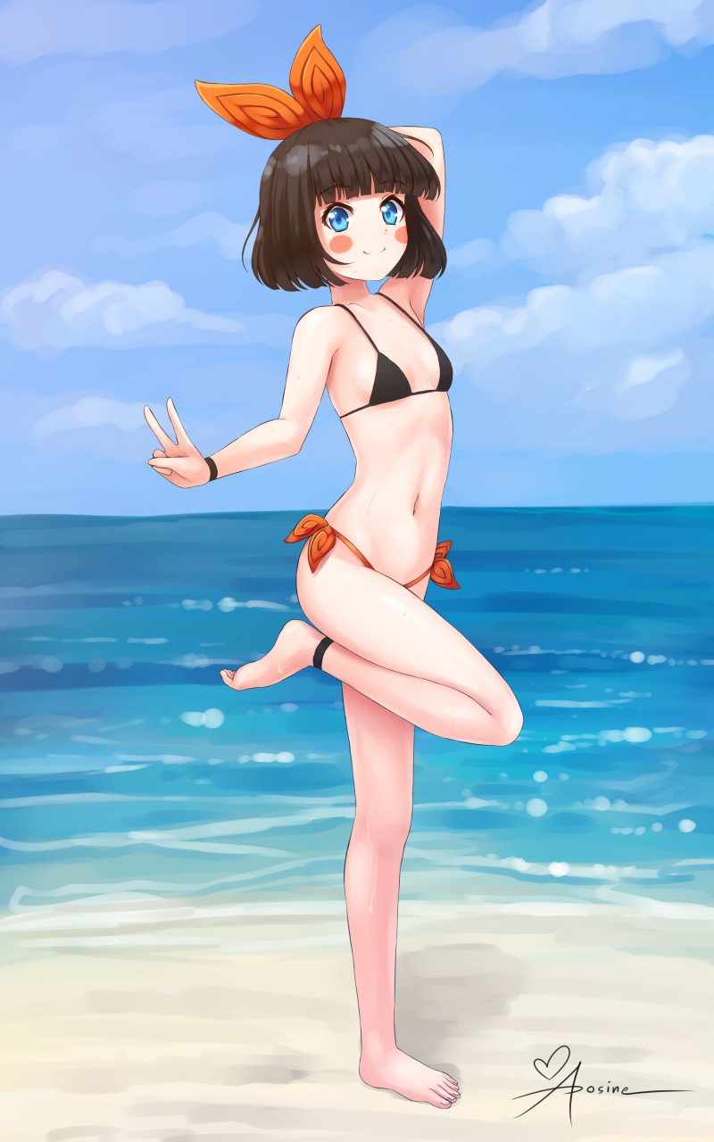 1girl ankle_strap aposine arm_up bangs bare_shoulders barefoot beach bikini black_bikini blue_eyes blue_sky blunt_bangs blush blush_stickers bob_cut bow breasts clouds collarbone commentary day eyebrows_visible_through_hair full_body hair_bow highres horizon leg_up looking_at_viewer navel ocean orange_bikini original outdoors ribbon short_hair side-tie_bikini signature sky small_breasts smile solo standing standing_on_one_leg stomach swimsuit v water wristband