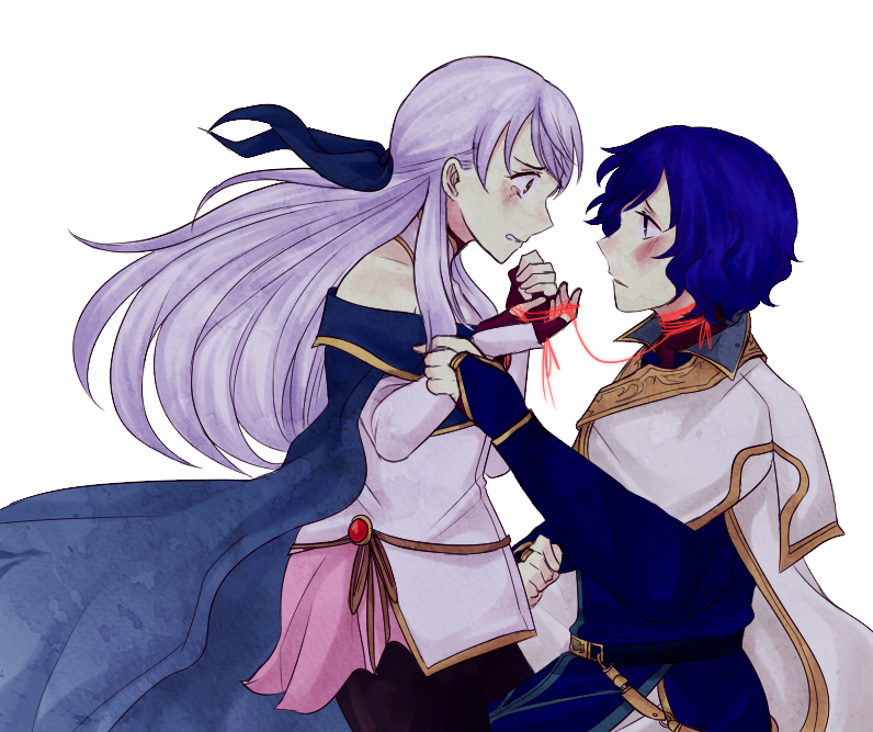 1boy 1girl bangle bare_shoulders black_legwear blue_eyes blue_hair blush bracelet bridal_gauntlets cape eye_contact fire_emblem fire_emblem:_radiant_dawn hair_ribbon half_updo jewelry long_hair looking_at_another micaiah_(fire_emblem) pantyhose pelleas_(fire_emblem) poocas red_ribbon ribbon side_slit silver_hair simple_background turtleneck_dress white_background yellow_eyes