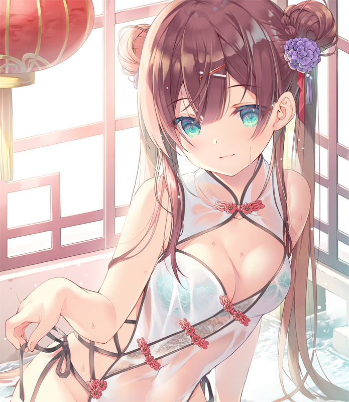 1girl aqua_eyes bare_arms bare_shoulders bath blue_bra bra breasts brown_hair chinese_clothes covered_navel double_bun dress flower groin hair_flower hair_ornament hairclip lantern long_hair looking_at_viewer medium_breasts miwabe_sakura original paper_lantern pelvic_curtain see-through sideless_outfit sleeveless sleeveless_dress smile solo twintails underwear water wet wet_clothes wet_dress white_dress x_hair_ornament