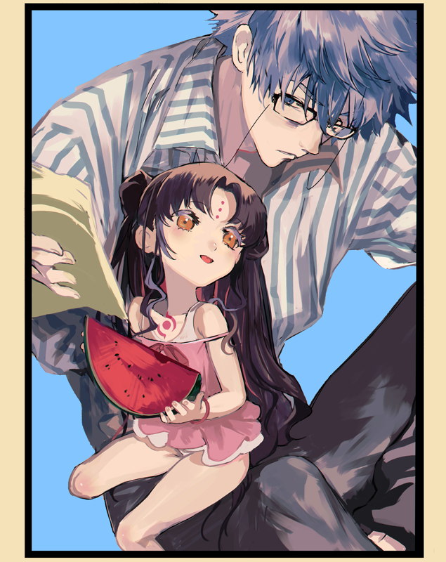 1boy 1girl age_difference bangs black-framed_eyewear blue_background blue_eyes bracelet brown_hair collared_shirt commentary_request eye_contact facial_mark fate/grand_order fate_(series) food forehead_mark fruit glasses hans_christian_andersen_(fate) holding holding_food holding_fruit jewelry long_hair looking_at_another looking_back looking_up orange_eyes parted_bangs sesshouin_kiara sesshouin_kiara_(lily) shirt sitting striped striped_shirt watermelon yaku_(ziroken)