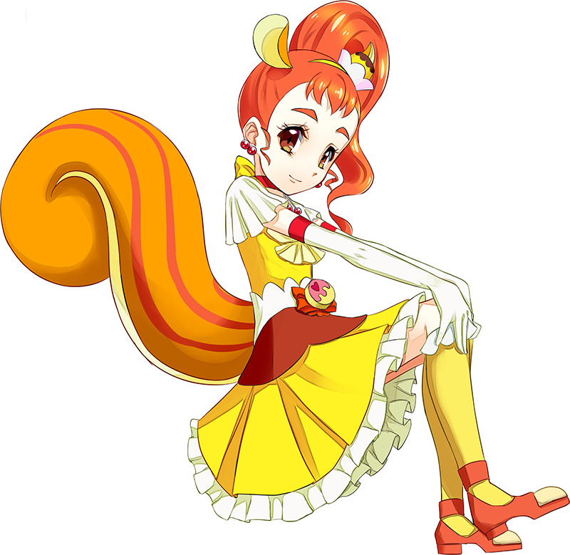 1girl animal_ears bow brown_eyes brown_hair choker closed_mouth cure_custard earrings frilled_legwear from_side full_body gloves hands_on_own_knees invisible_chair jewelry kirakira_precure_a_la_mode kneehighs layered_skirt long_hair miniskirt pleated_skirt precure red_choker rick.black shiny shiny_hair shirt side_ponytail simple_background sitting skirt smile solo squirrel_ears squirrel_girl squirrel_tail tail white_background white_gloves yellow_bow yellow_legwear yellow_shirt yellow_skirt