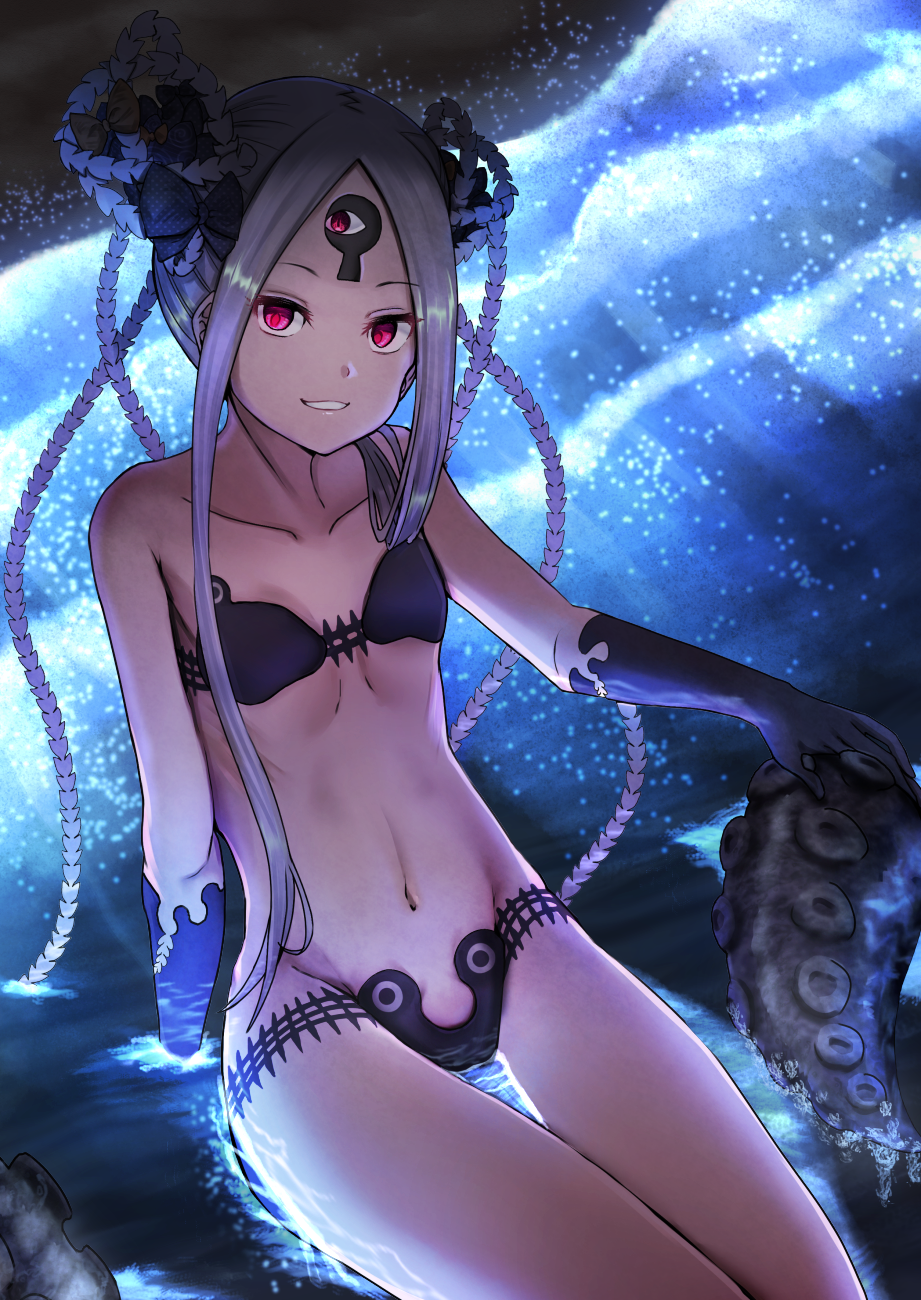 1girl abigail_williams_(fate/grand_order) abigail_williams_(swimsuit_foreigner)_(fate) anemone_noa bangs bare_shoulders bikini black_bikini black_bow bow breasts collarbone double_bun fate/grand_order fate_(series) forehead highres keyhole long_hair looking_at_viewer micro_bikini multiple_bows navel orange_bow parted_bangs pink_eyes shore sidelocks sitting small_breasts smile swimsuit tentacles thighs third_eye very_long_hair water white_hair white_skin