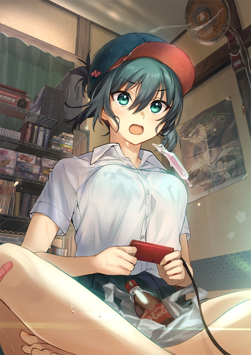 1girl aqua_eyes bag bandaid barefoot black_hair bra_through_clothes breasts commentary_request controller crossed_legs eyebrows_visible_through_hair eyes_visible_through_hair fan hair_between_eyes hat highres indoors large_breasts open_mouth original poster_(object) reflective_eyes shelf short_sleeves sitting skirt soda_bottle solo sweat tan_(tangent) tongue