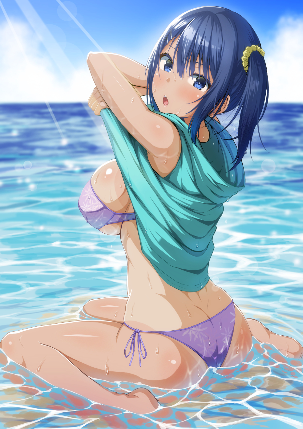 1girl arima_kouichi ass bangs bikini blue_eyes blue_hair blush breasts clouds hair_ornament hair_scrunchie hairclip highres hood hoodie large_breasts looking_at_viewer ocean one-piece_tan open_mouth original partially_submerged purple_bikini scrunchie shirt_lift short_hair side_ponytail sitting sky sleeveless sleeveless_hoodie solo swimsuit tan tanline wariza wet