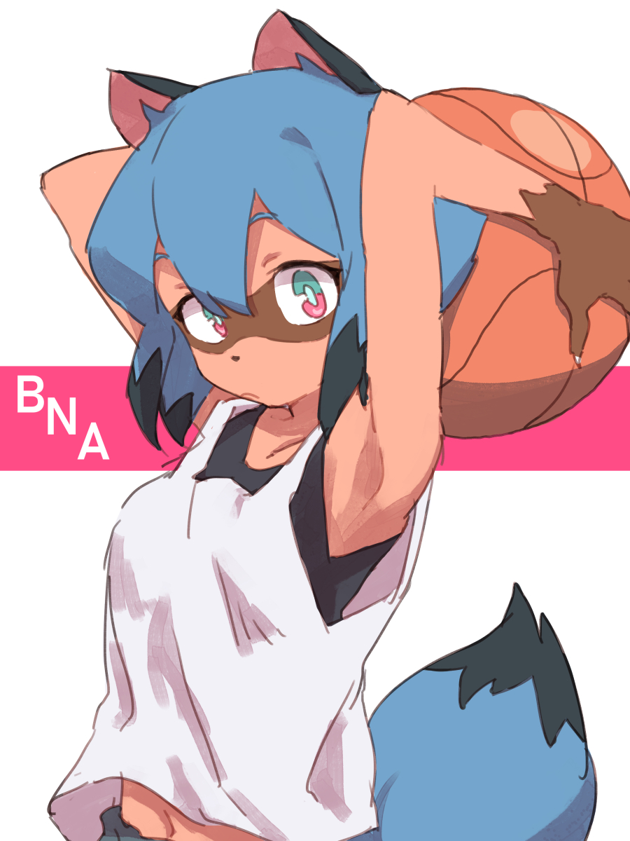 1girl animal_ears armpits arms_behind_head ball basketball blue_hair brand_new_animal copyright_name fur furry gazacy_(dai) green_eyes highres holding holding_ball kagemori_michiru looking_at_viewer multicolored multicolored_eyes navel raccoon_ears raccoon_girl raccoon_tail red_eyes short_hair solo tail tank_top white_tank_top