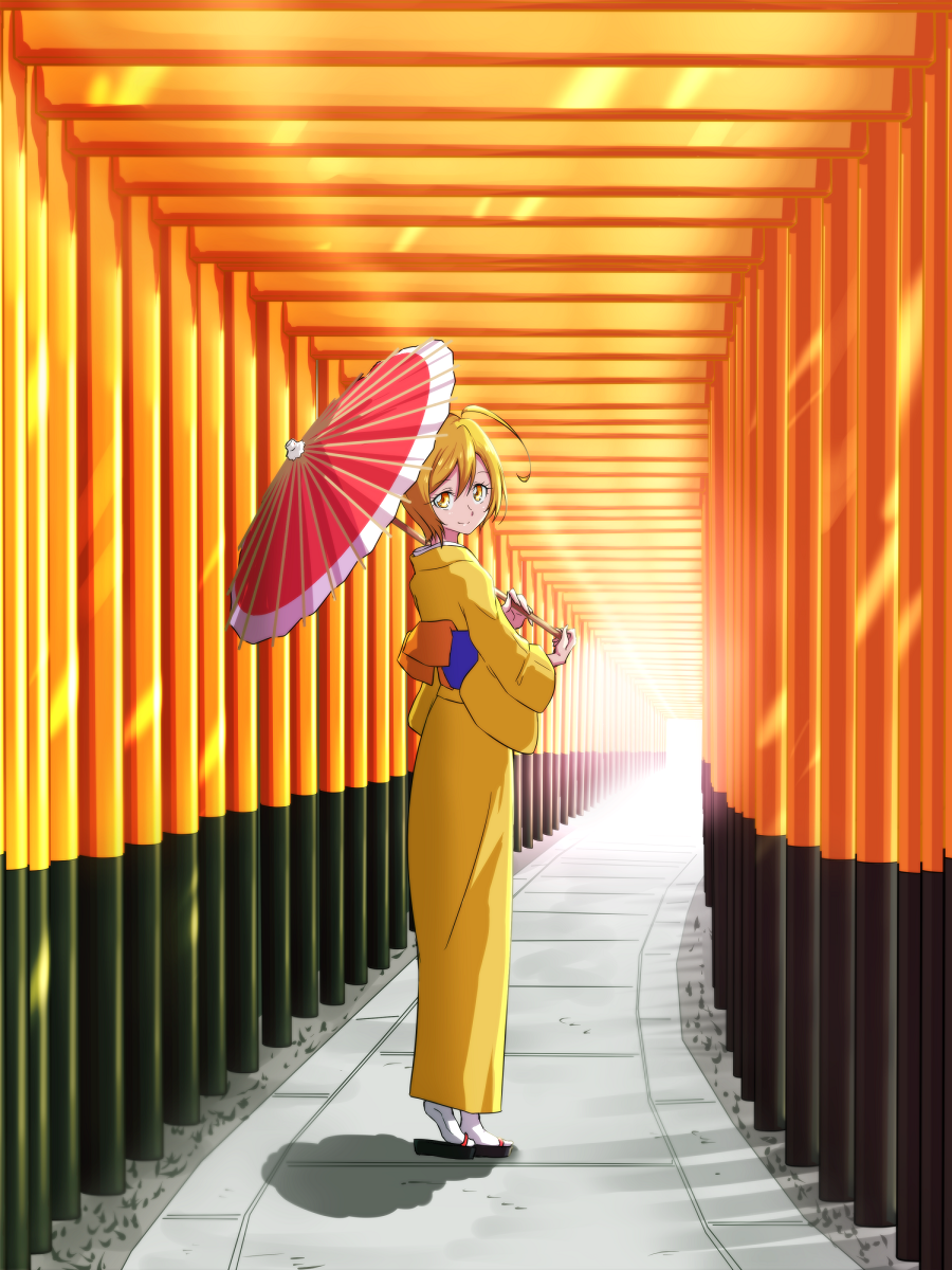 1girl ahoge backlighting bangs blonde_hair closed_mouth day from_behind full_body hair_between_eyes highres holding holding_umbrella hugtto!_precure japanese_clothes kagayaki_homare kimono long_sleeves looking_at_viewer matatabi_(karukan222) oriental_umbrella outdoors precure red_umbrella shiny shiny_hair short_hair smile solo umbrella white_legwear yellow_eyes yellow_kimono