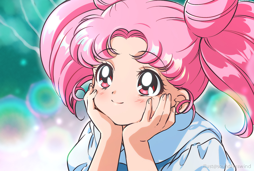 1girl artist_name bangs bishoujo_senshi_sailor_moon blush chibi_usa chin_rest closed_mouth commentary derivative_work double_bun english_commentary eyebrows_visible_through_hair hands_on_own_cheeks hands_on_own_face kaze-hime lens_flare pink_hair portrait red_eyes screencap_redraw shiny shiny_hair smile solo twintails