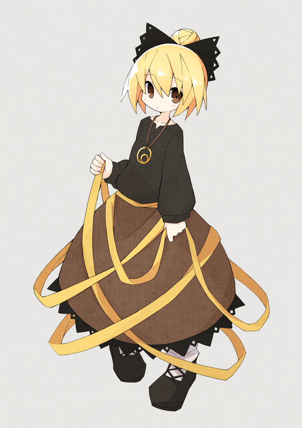 1girl asameshi black_bow black_footwear black_shirt blonde_hair bow brown_eyes brown_skirt casual commentary full_body grey_background hair_bow hair_bun holding holding_ribbon jewelry kurodani_yamame long_sleeves looking_at_viewer loose_socks pendant pigeon-toed ribbon shirt shoes short_hair simple_background skirt solo touhou white_legwear yellow_ribbon