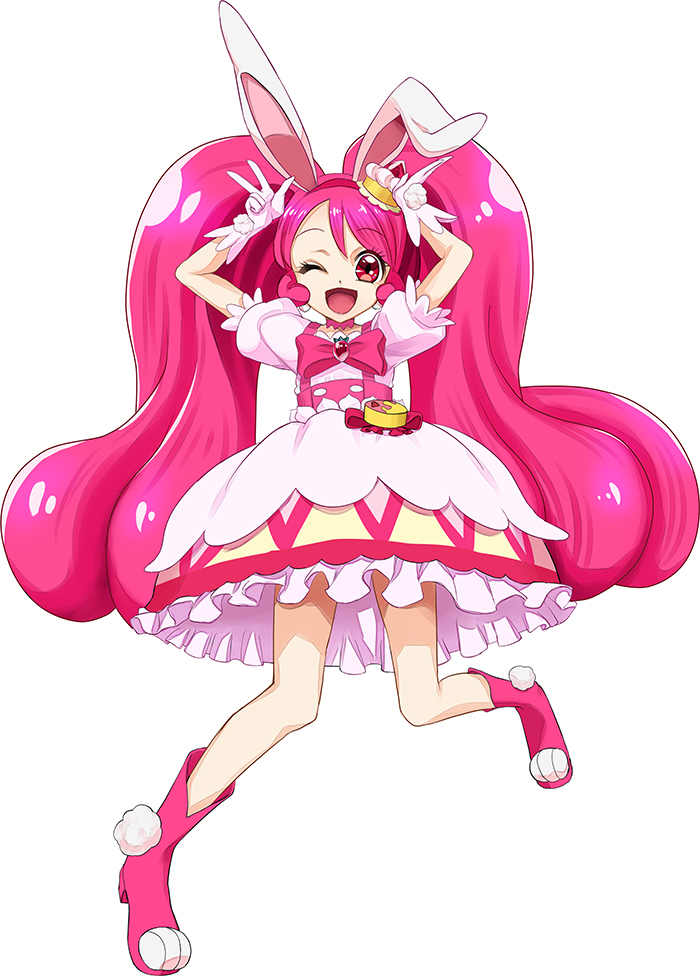1girl ;d animal_ears arms_up bangs bunnysuit cure_whip dress earrings eyebrows_visible_through_hair floating_hair gloves hair_between_eyes hairband jewelry kirakira_precure_a_la_mode long_hair looking_at_viewer one_eye_closed open_mouth pink_hair pink_neckwear precure rabbit_ears red_eyes red_hairband rick.black shiny shiny_hair short_dress short_sleeves simple_background smile solo twintails very_long_hair w white_background white_dress white_gloves