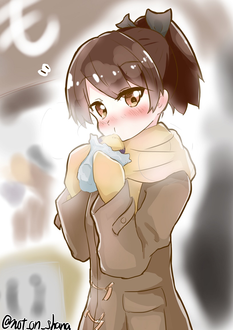 /\/\/\ 1girl alternate_costume black_ribbon blush brown_eyes brown_hair eating food hair_ribbon holding holding_food kantai_collection long_sleeves looking_at_viewer mittens not_on_shana ribbon scarf shikinami_(kantai_collection) short_ponytail solo sweet_potato twitter_username upper_body yellow_scarf