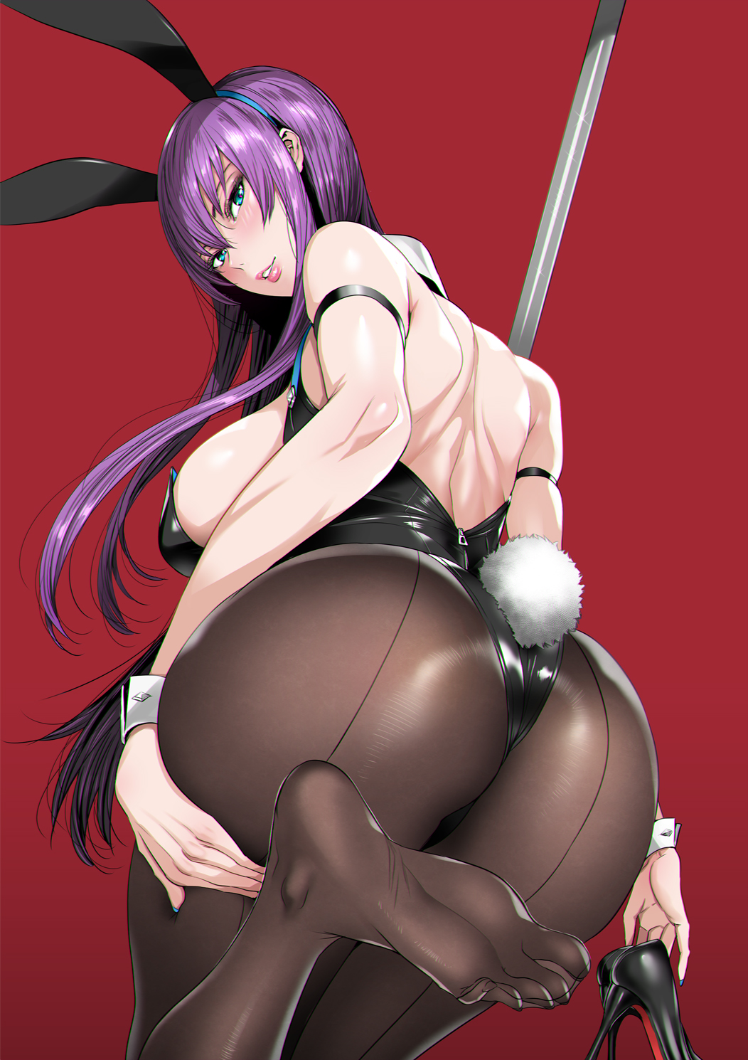 1girl animal_ears aqua_eyes ass black_leotard breasts brown_legwear bunny_girl bunny_tail bunnysuit busujima_saeko detached_collar fake_animal_ears feet fei_(maidoll) from_behind high_heels highres highschool_of_the_dead large_breasts legs leotard lips long_hair looking_at_viewer looking_back pantyhose parted_lips purple_hair rabbit_ears shiny shiny_hair shiny_skin shoes_removed smile solo strapless strapless_leotard tail wrist_cuffs