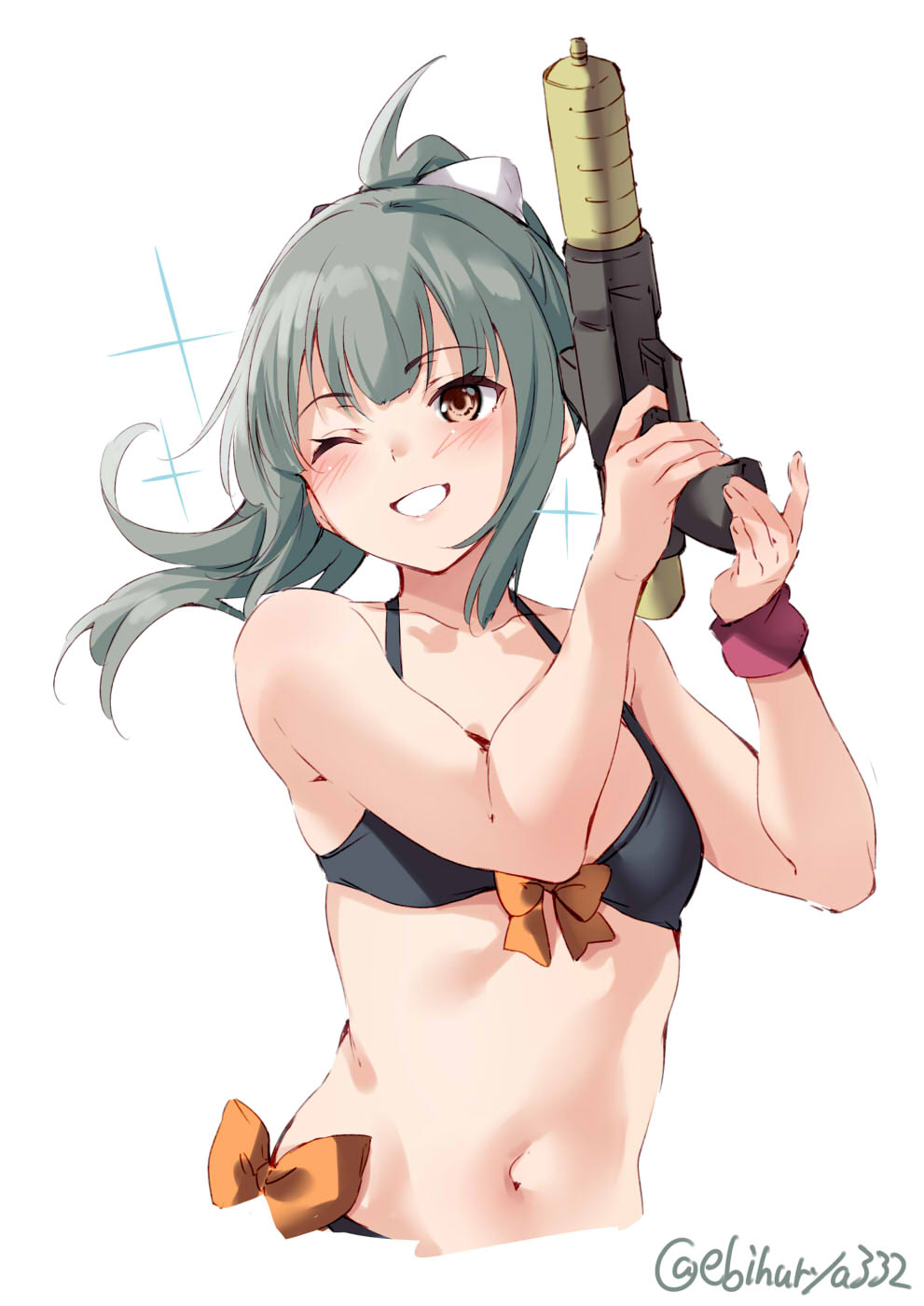 1girl bangs bikini black_bikini blush breasts brown_eyes ebifurya eyebrows_visible_through_hair grey_hair hair_ribbon halterneck highres holding kantai_collection one_eye_closed ponytail ribbon simple_background solo sparkle super_soaker swimsuit twitter_username upper_body water_gun white_background yuubari_(kantai_collection)