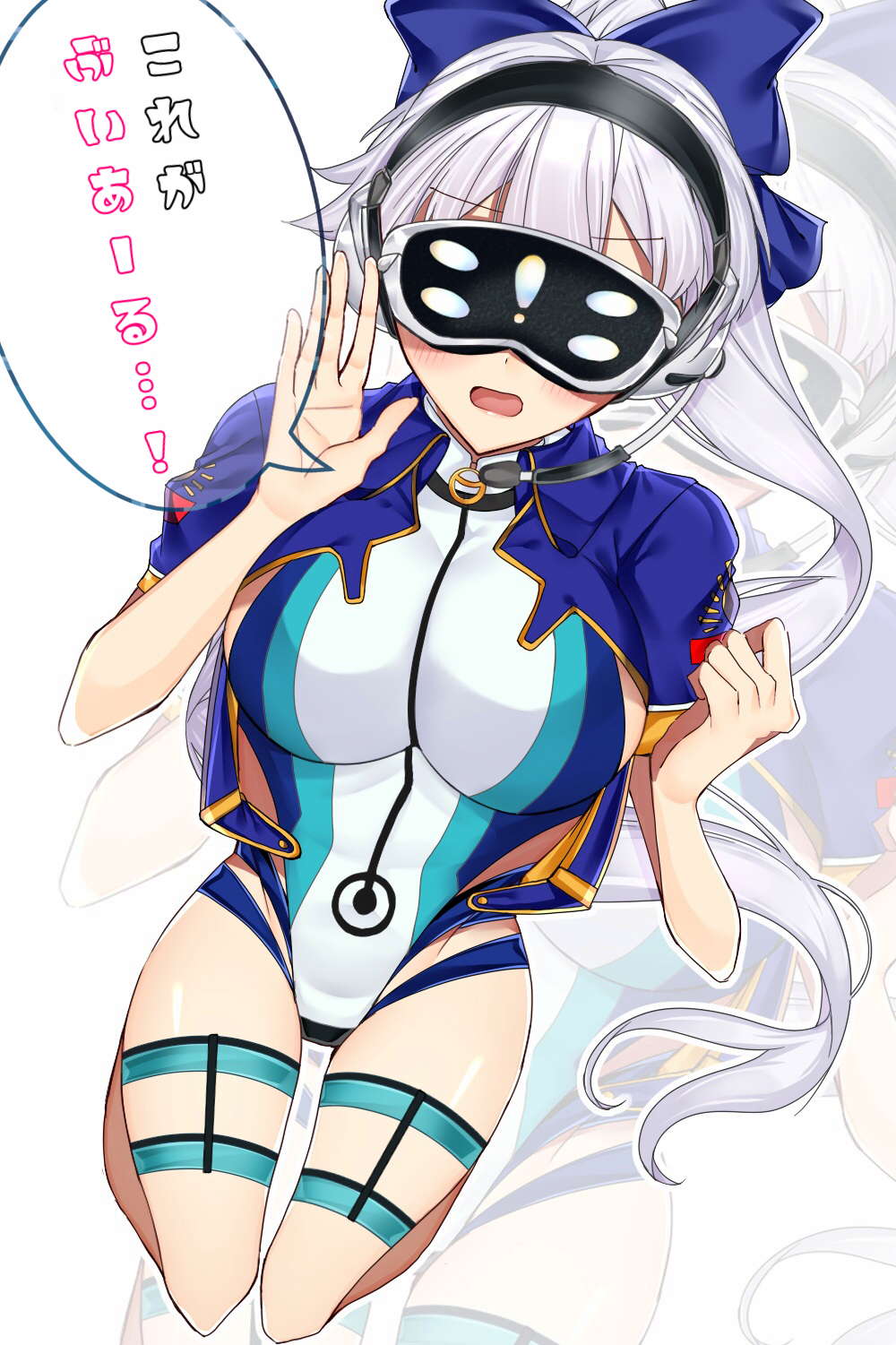 ! 1girl :o blue_bow blue_jacket blue_swimsuit blush bow commentary_request competition_swimsuit cropped_jacket fate/grand_order fate_(series) goggles hair_bow hanapi_(happ03nanana03) head_mounted_display headphones headset highres jacket kneeling long_hair microphone multicolored multicolored_clothes multicolored_swimsuit one-piece_swimsuit open_mouth ponytail short_sleeves silver_hair solo swimsuit thigh_strap tomoe_gozen_(fate/grand_order) tomoe_gozen_(swimsuit_saber)_(fate) translation_request very_long_hair white_swimsuit zoom_layer