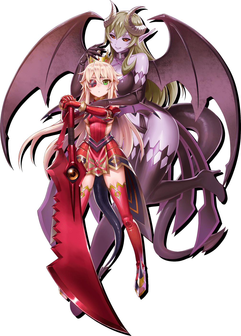 2girls aldra_(queen's_blade) armor armored_dress black_sclera boots breasts closed_mouth crown curled_horns delmore demon_girl demon_horns demon_tail demon_wings elbow_gloves eyepatch fang full_body gauntlets gloves greaves green_eyes high_heels highres horns large_breasts long_hair multiple_girls official_art platinum_blonde_hair pointy_ears purple_skin queen's_blade queen's_blade_white_triangle red_eyes sidelocks small_breasts smile sword tachi-e tail thigh-highs thigh_boots very_long_hair weapon wings